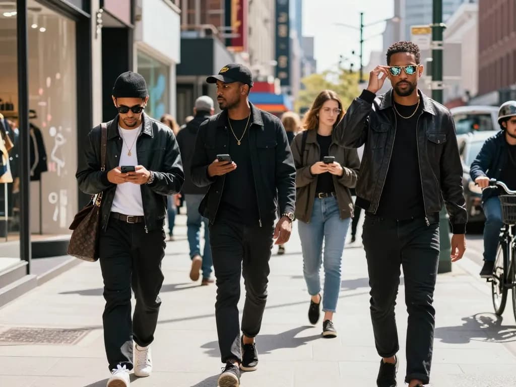 Stylish individuals wearing 명품 레플리카 outfits in a vibrant urban street setting.