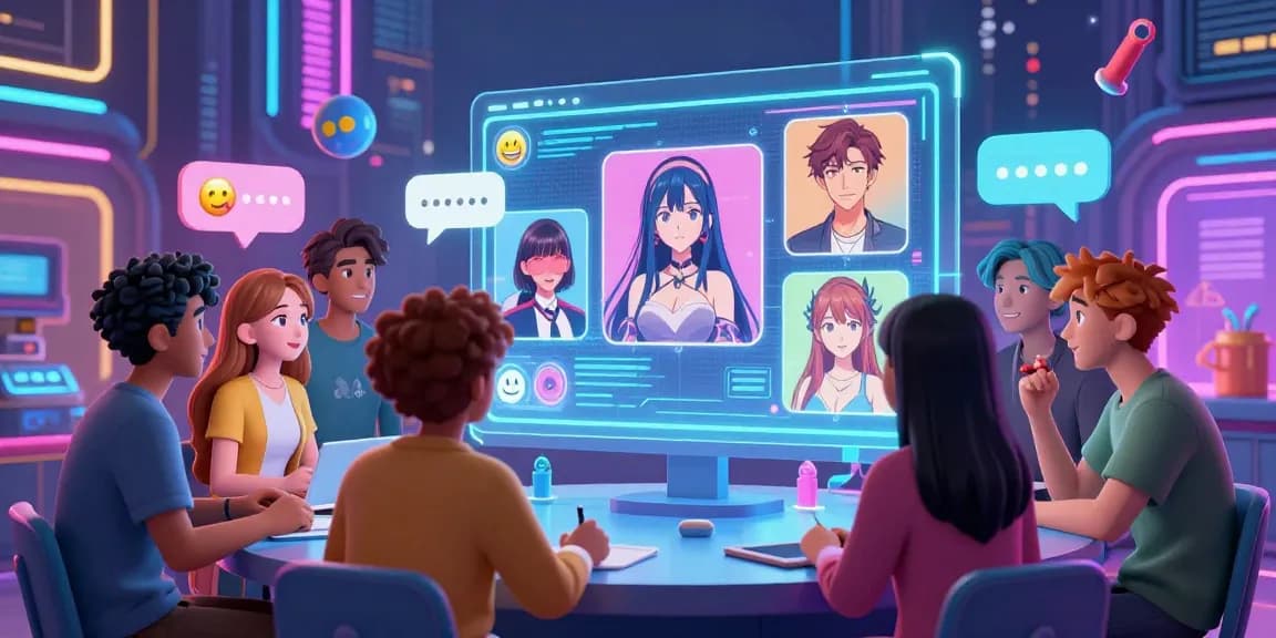 Engaging scene of diverse avatars discussing hentai AI chat in a vibrant cyberpunk city.