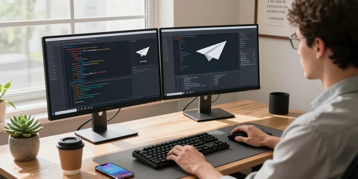 Developer coding the paper airplane app (纸飞机中文版) on dual monitors in a bright tech workspace.