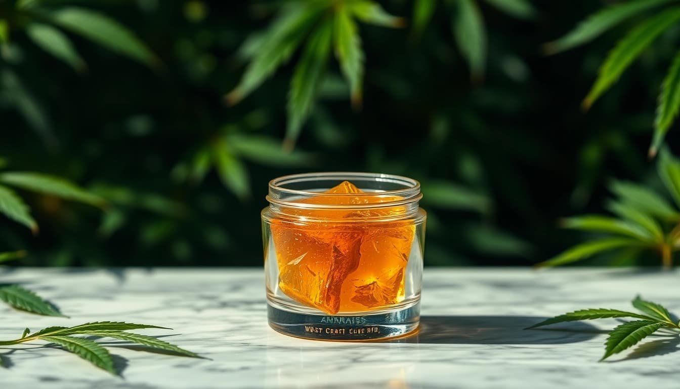 Extraction of west coast cure rosin displayed beautifully in a glass jar on a marble surface.