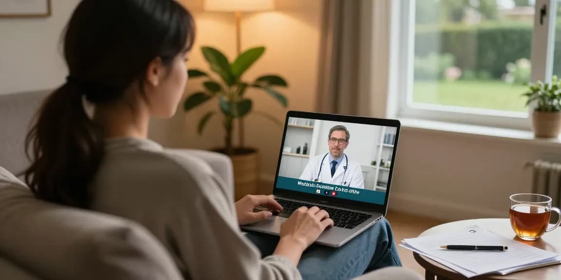 Patient consulting online for an MMJ card online in a cozy home setting.
