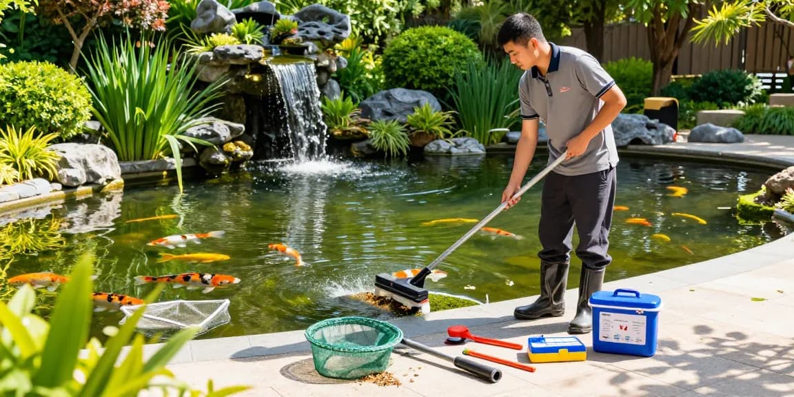 Professional Pond Cleaning London with a pond cleaner removing debris from a koi pond in a bright, serene garden setting.