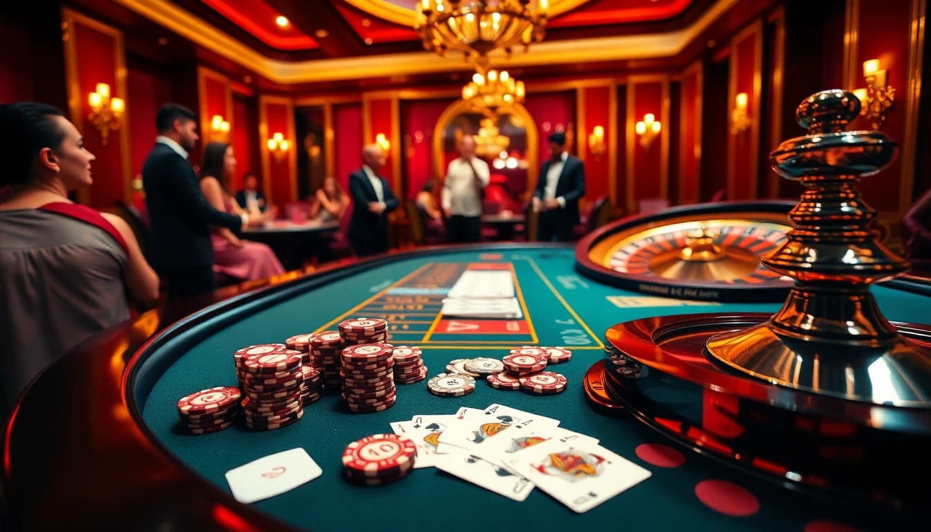 Players engaging at a luxurious poker table while enjoying their experience at OK365.