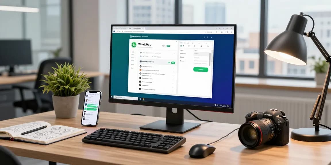 User navigating WhatsApp電腦版 on desktop with chat interface and office setup.