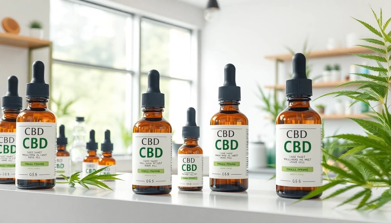 Högkvalitativa CBD-oljeflaskor med naturliga ingredienser och hampsextrakt i en professionell hälsovårdsmiljö.