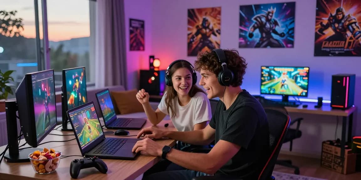 Couple enjoying free porn games on laptops in a vibrant gaming room.