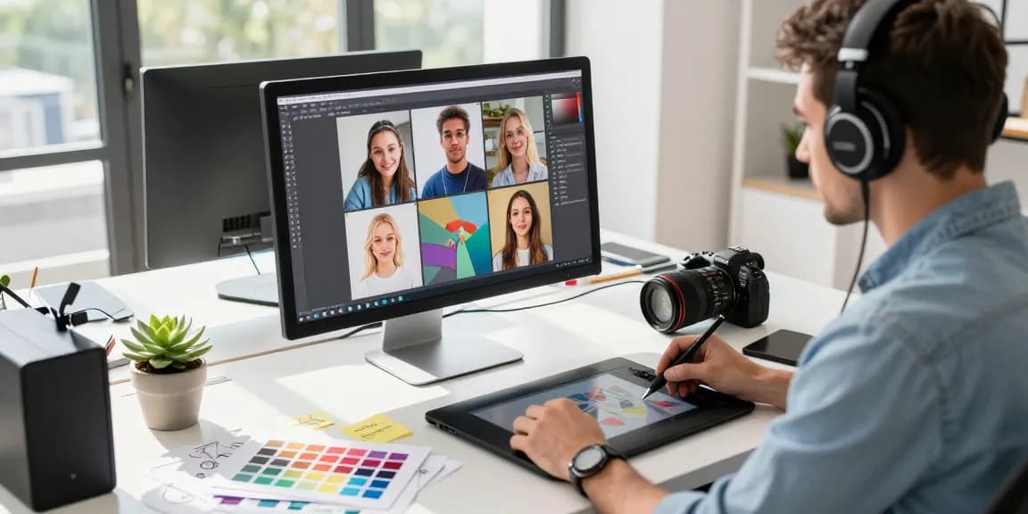 Transforming images to text prompts in a modern tech workspace with bright natural light and creative clutter.