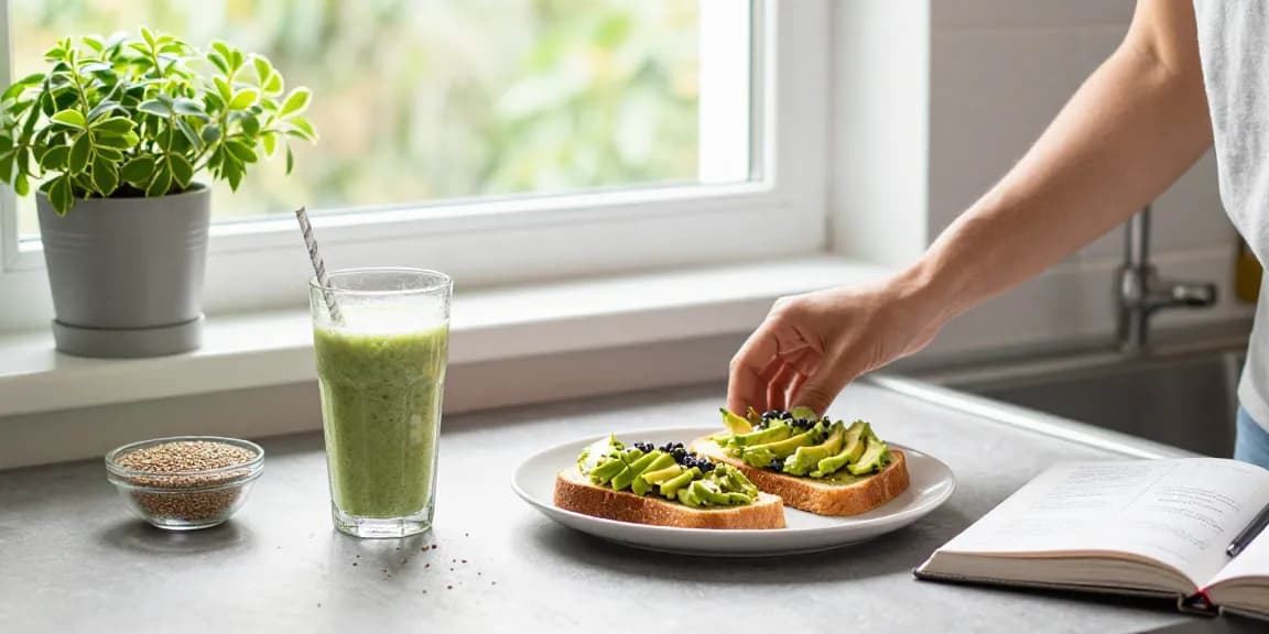 Marketing & Advertising: Aceite de CBD en un desayuno saludable, mostrando productos orgánicos y bienestar natural.