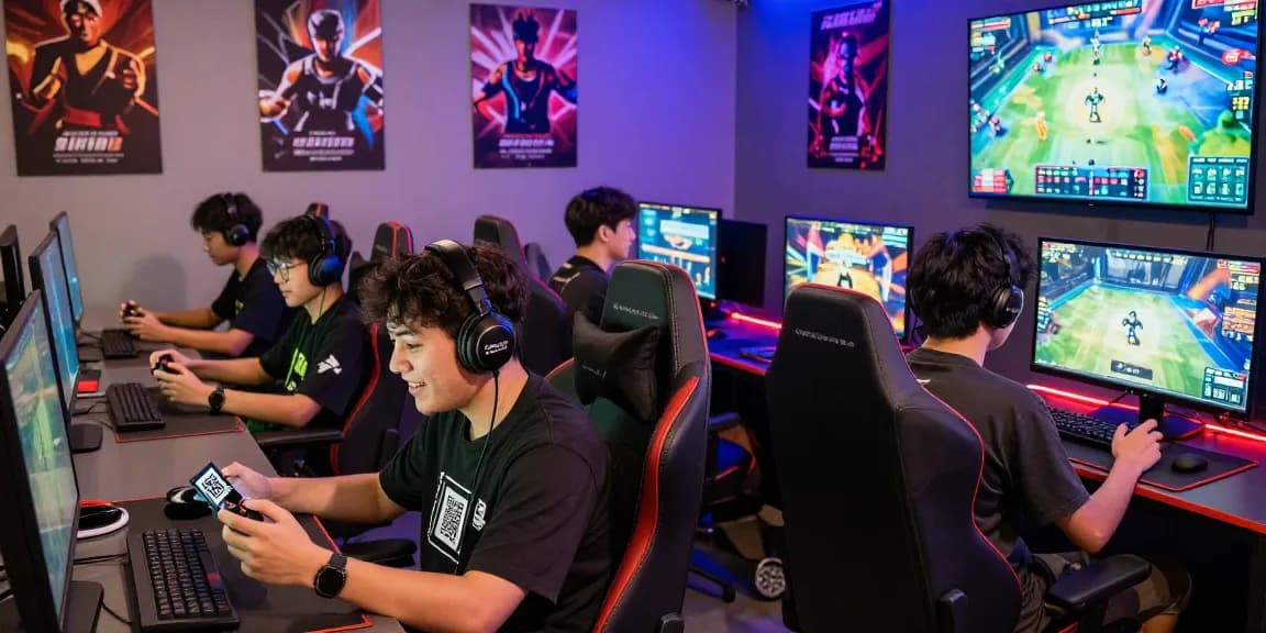 Pengalaman topup akun game dengan QRIS di NAGA2000, pemuda gamers bersemangat menggunakan smartphone untuk topup tanpa biaya admin.