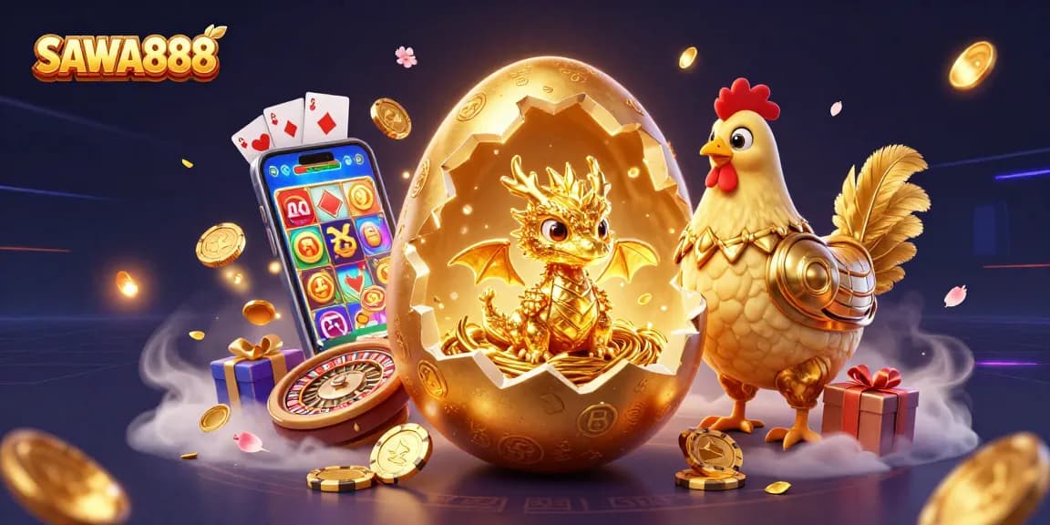 SAWA888 brings thrilling gold-themed slots with a dragon and golden poker chips.