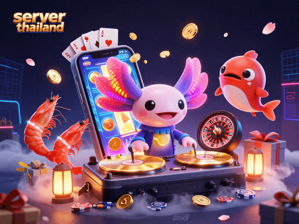 Experience server thailand casino action with a vibrant 3D axolotl DJ and lively underwater characters.