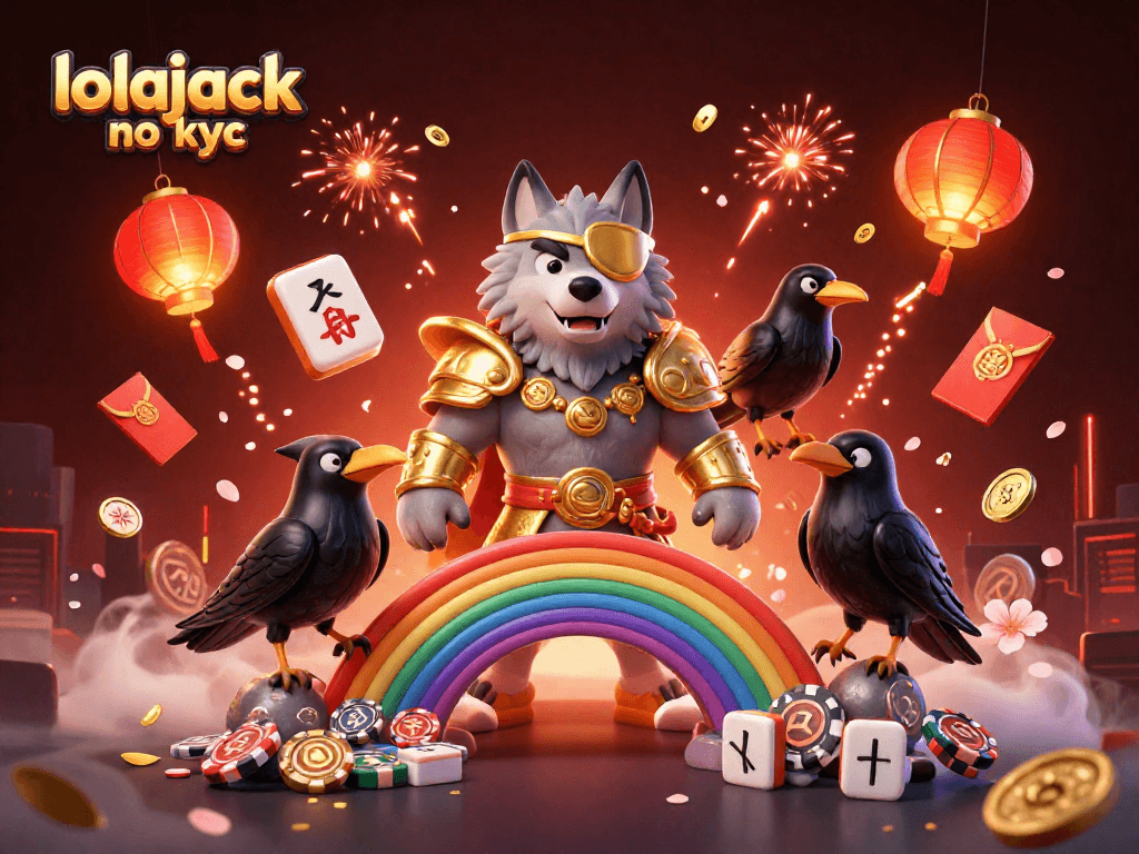 Engage with lolajack no kyc showcasing a mythical wolf and ravens surrounded by casino symbols.