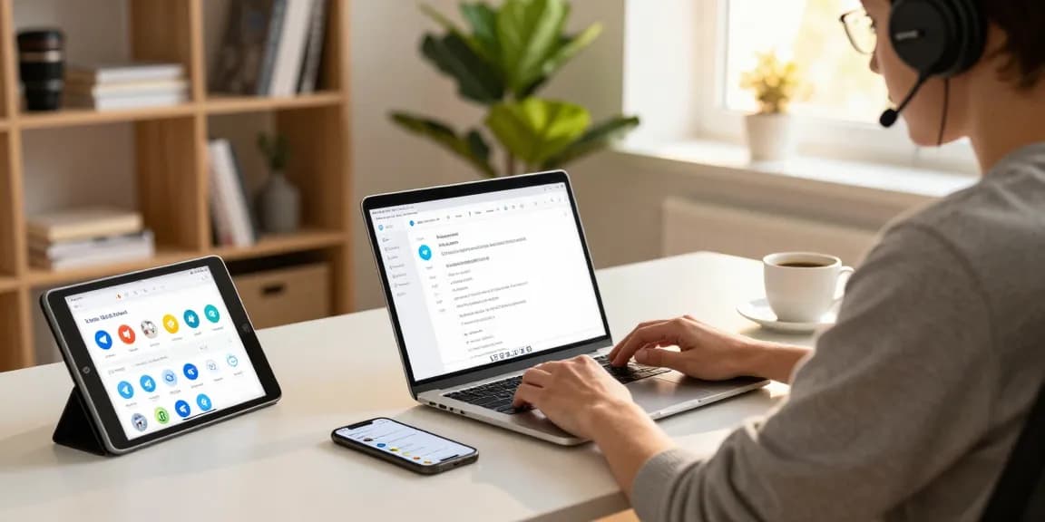 Person interacting with the Telegram Web Version on a laptop in a modern home office, showcasing productivity and technology.