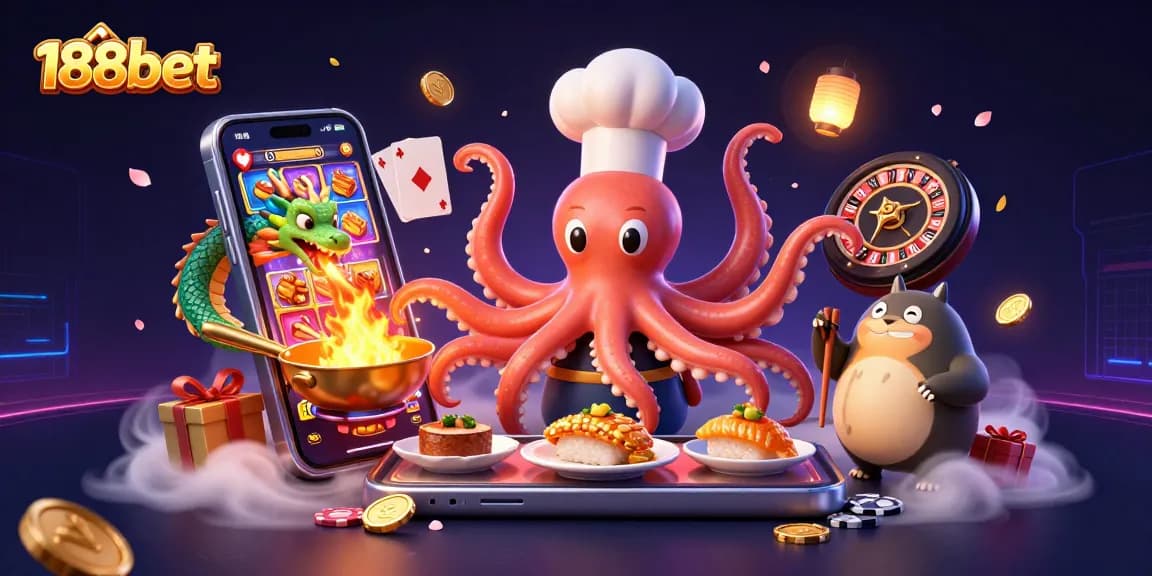 Experience thrilling moments with 188bet as our 3D sushi chef octopus and friends engage in exciting gaming adventures.