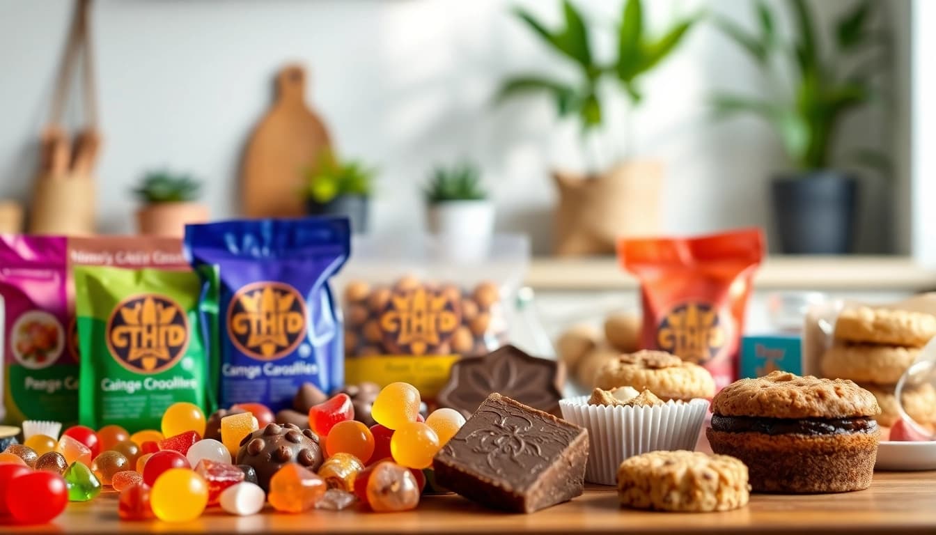 Showcase of THC Edibles For Sale Online Europe with vibrant colors and appealing packaging.