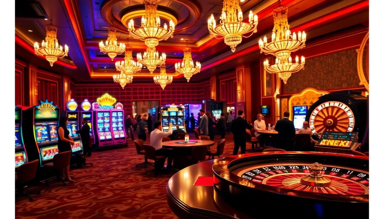 A bustling casino scene with players at poker tables and slot machines, highlighting nhà cái vmax promotions.