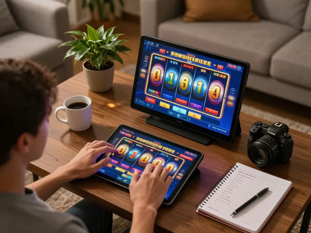 Nohu online player spinning colorful slot reels on tablet in cozy living room.