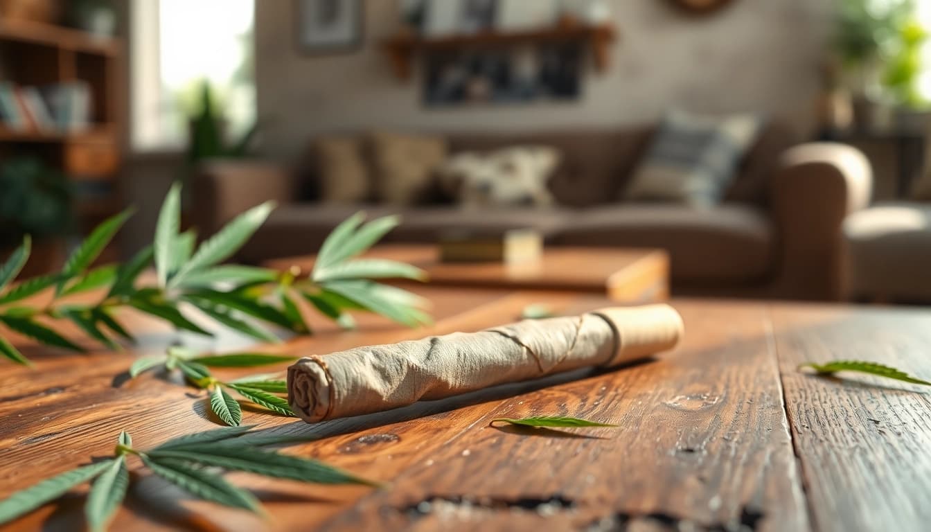 CBD Joint presented elegantly on a wooden table with natural lighting and greenery.