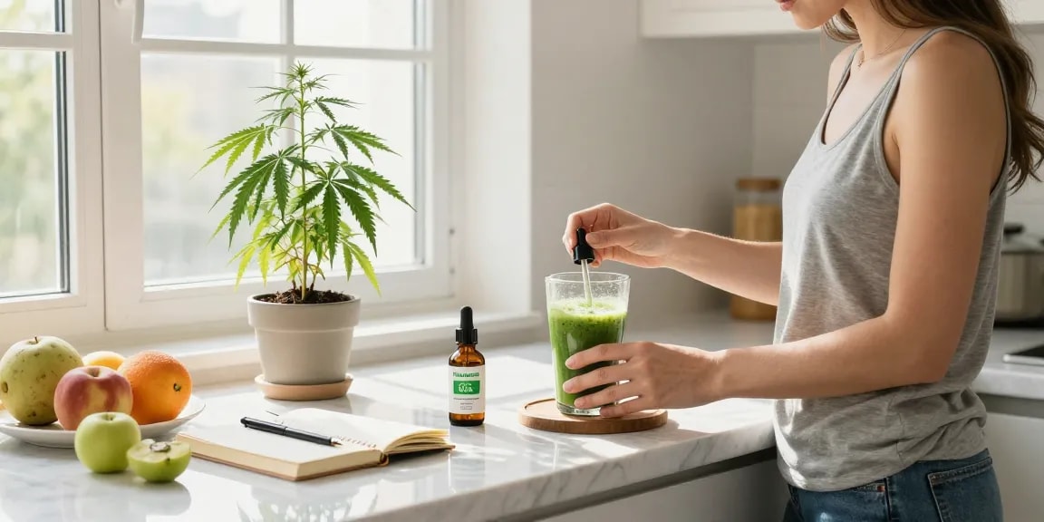 Hempworx CBD Oil displayed in a bright kitchen context, promoting natural wellness and organic health routines.