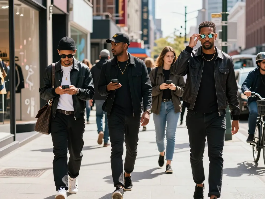 Stylish individuals wearing 명품 레플리카 outfits in a vibrant urban street setting.