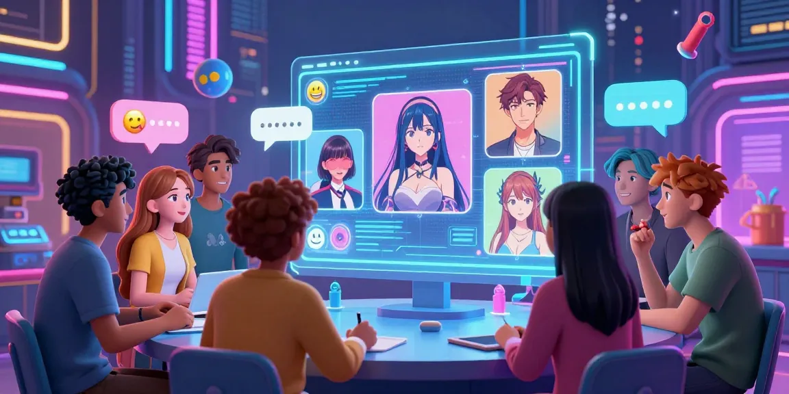 Engaging scene of diverse avatars discussing hentai AI chat in a vibrant cyberpunk city.