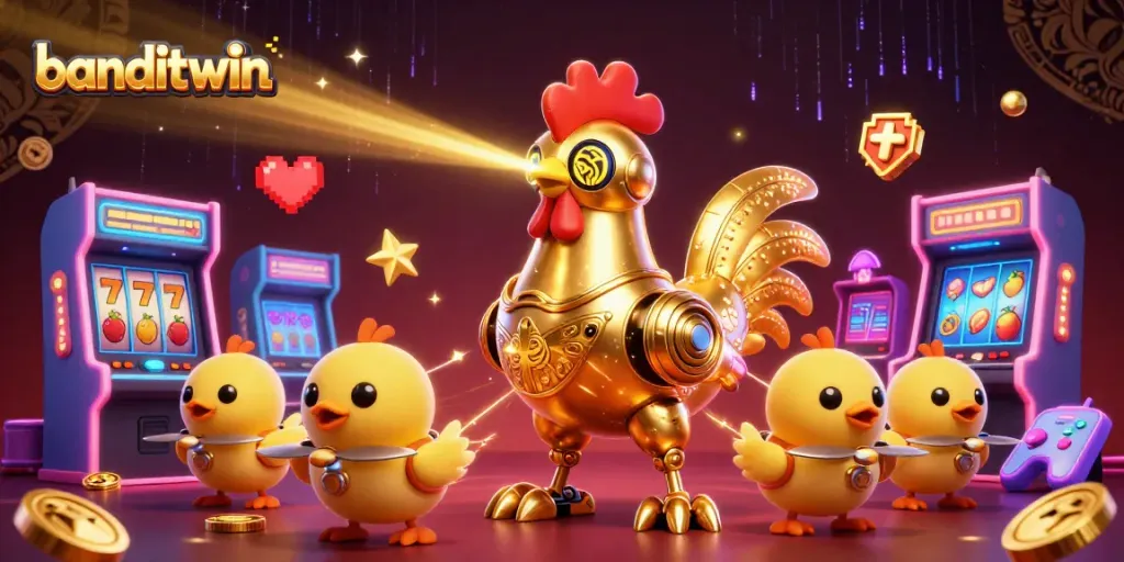 Banditwin menunjukkan kemenangan megah dalam mesin slot, menampilkan elemen permainan kasino cerah dan menghibur.