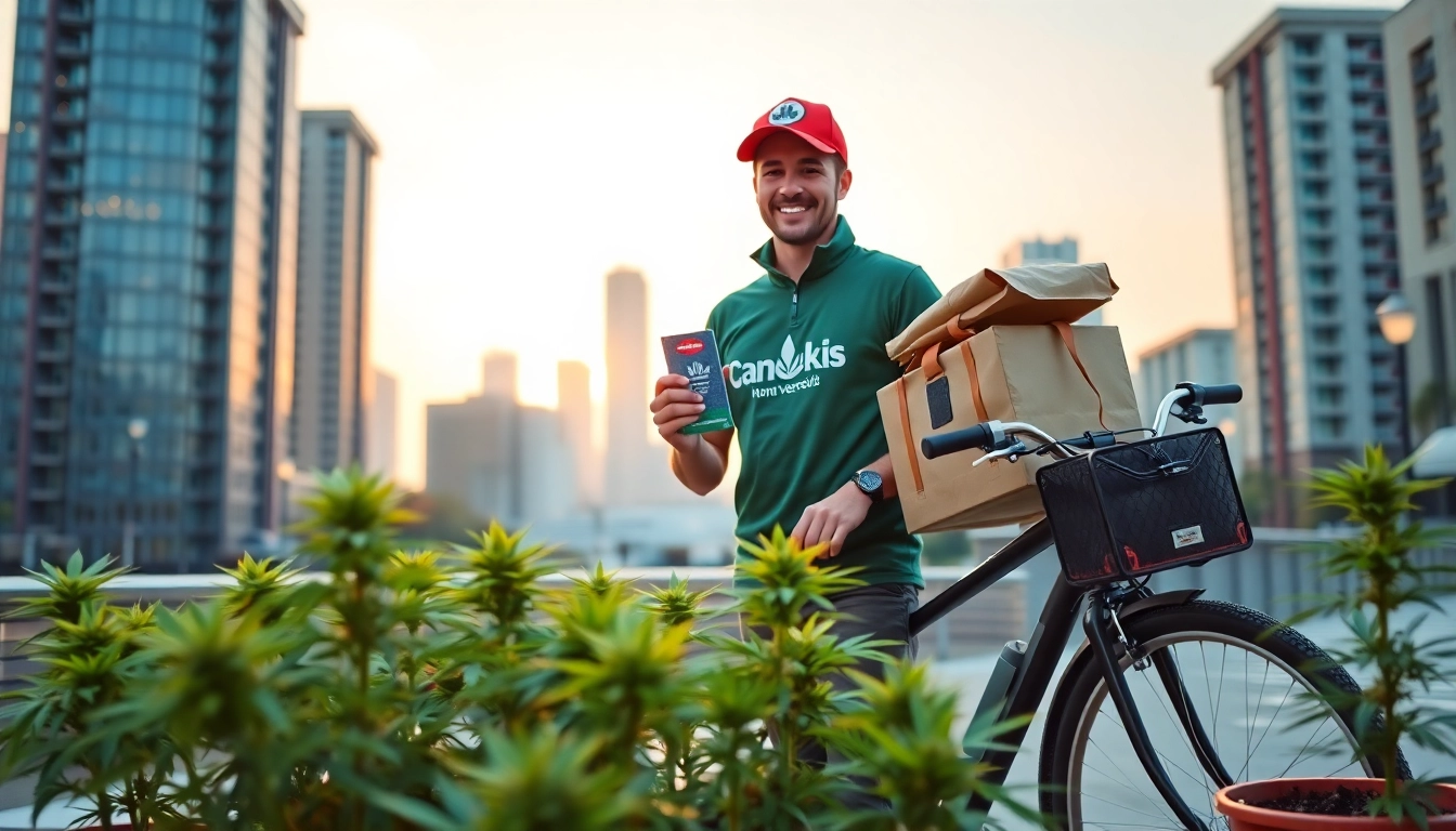 Enhanced weed delivery service showcasing a delivery person with cannabis package in an urban landscape.