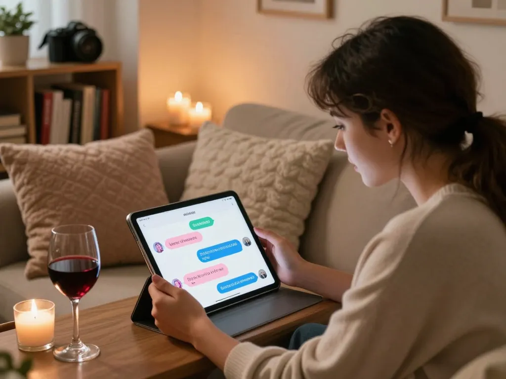 Intimate scene of adults interacting with an nsfw ai chat on a tablet in a cozy atmosphere.