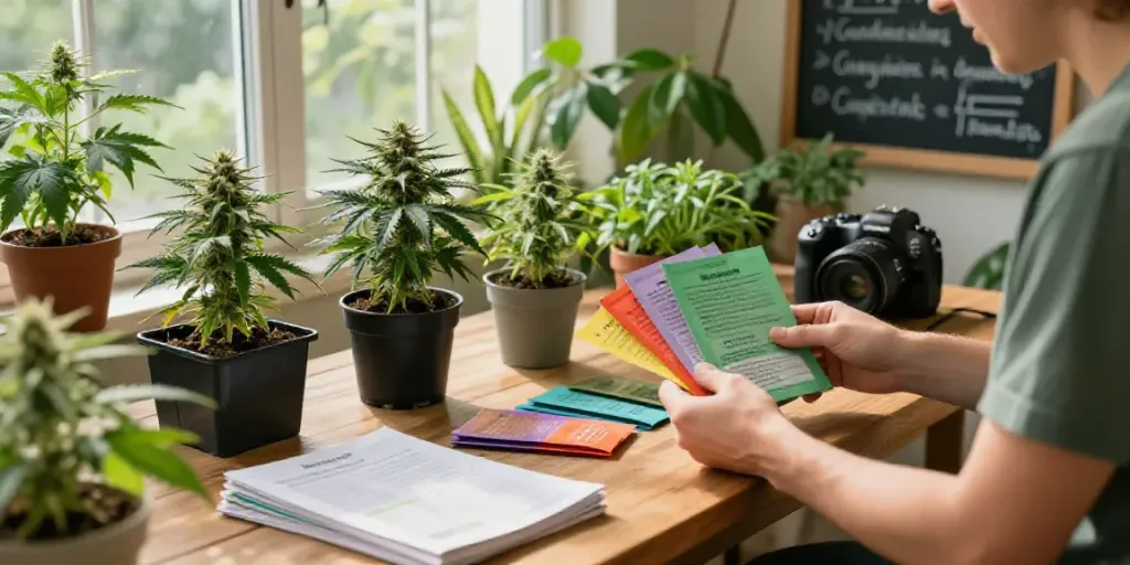 Cannabissamen kaufen: Vielfältige Auswahl an Sorten in einem hellen und einladenden Pflanzengeschäft