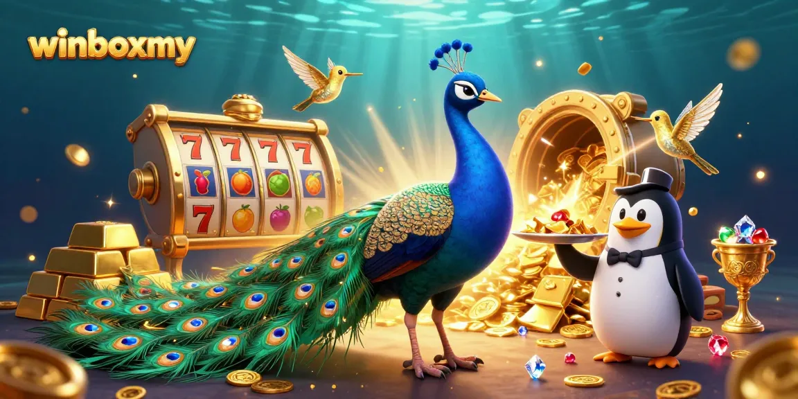 winboxmy offers exciting slots action with a vibrant casino scene featuring an elegant peacock, a butler penguin, and a golden hummingbird.