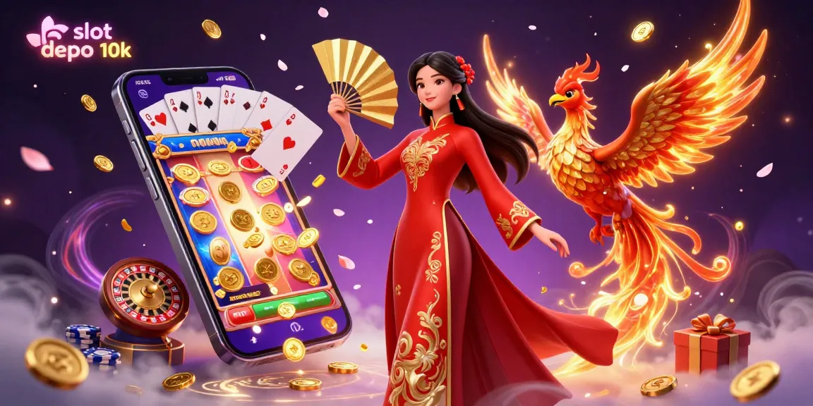 Engage with "slot depo 10k" through an immersive, colorful 3D illustration of a woman and phoenix, celebrating slot gaming excitement.