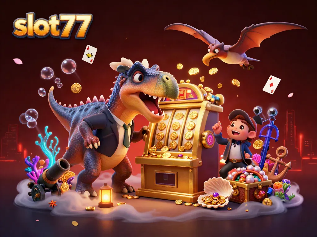 Bermain slot777 dengan dinosaurus lucu yang menggetok mesin slot emas yang mengeluarkan koin jackpot di kasino.