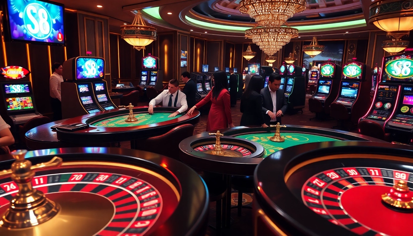 S8 casino scene with vibrant tables and dealers engaged in thrilling gaming action.