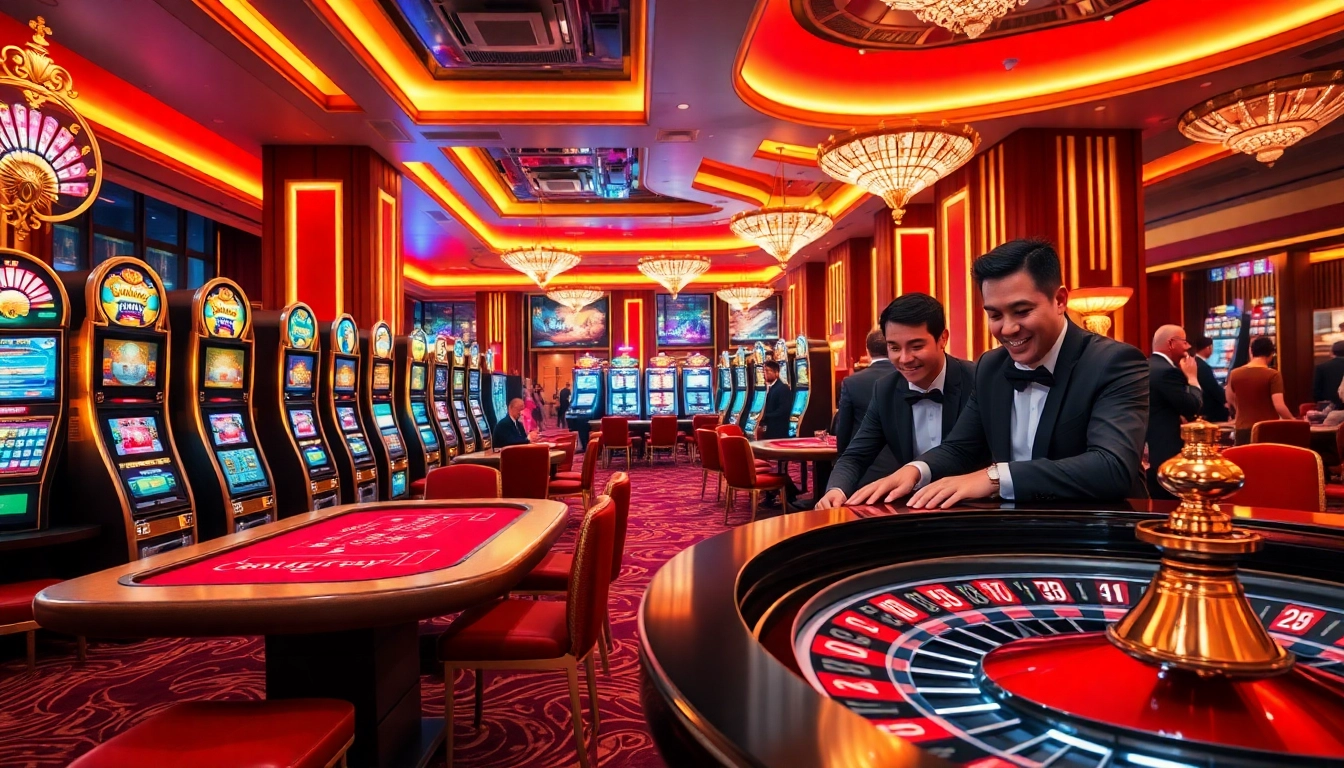 Players engaging in thrilling games at Onicplay's vibrant casino tables, showcasing excitement and strategy.