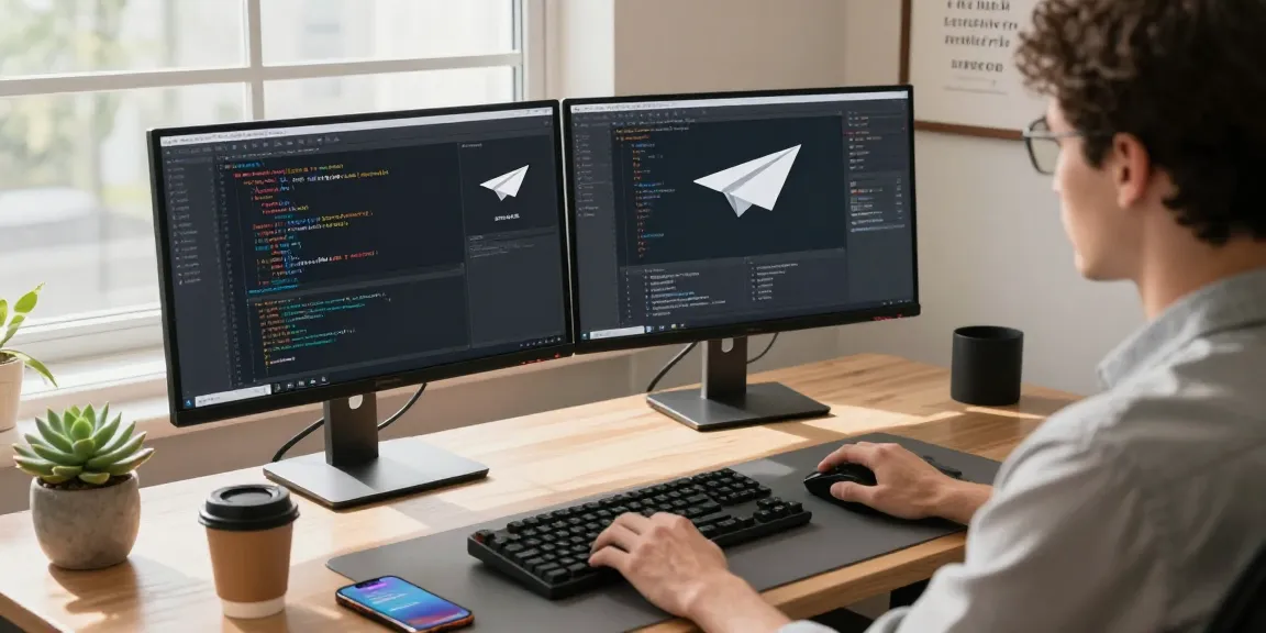 Developer coding the paper airplane app (纸飞机中文版) on dual monitors in a bright tech workspace.