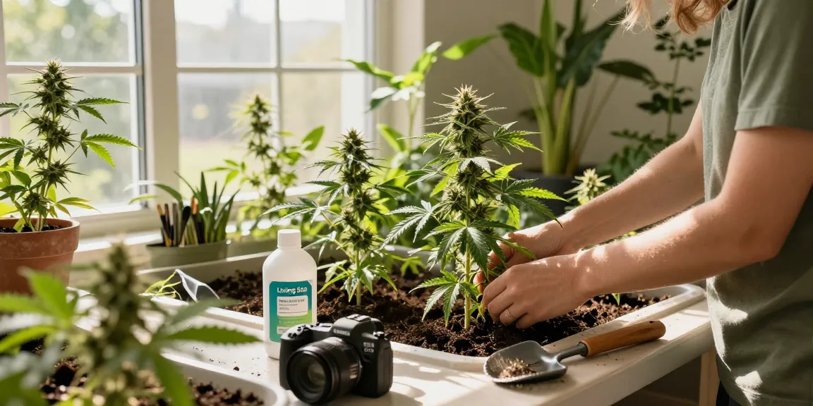 Living Soil für Cannabis in Verwendung bei der Pflege gesunder Hanfpflanzen, natürliche Wellnessprodukte im sonnigen Indoor-Garten.