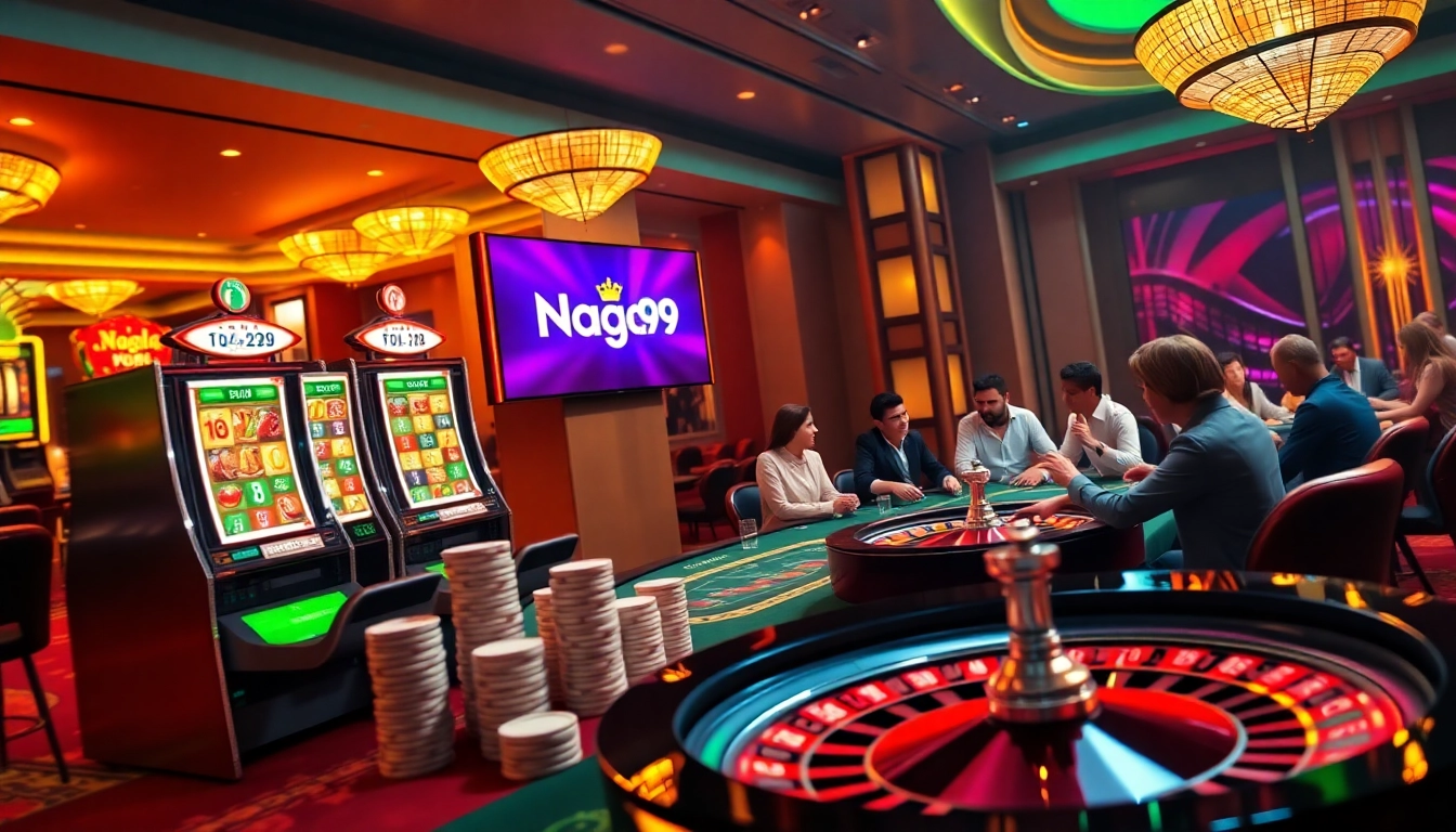 Naga99 gaming platform showcases an exciting online casino experience with vibrant slot machines and poker chips.