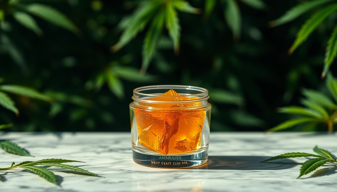 Extraction of west coast cure rosin displayed beautifully in a glass jar on a marble surface.