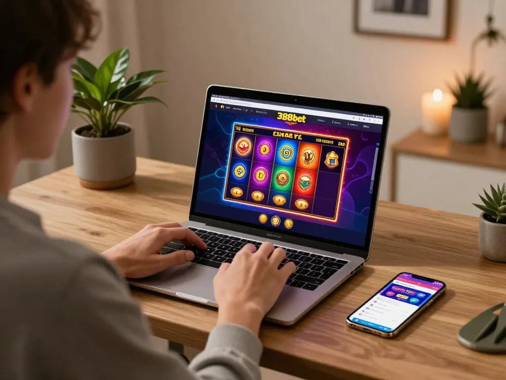 Engaging with the 388bet casino interface on a laptop during an online gaming session.