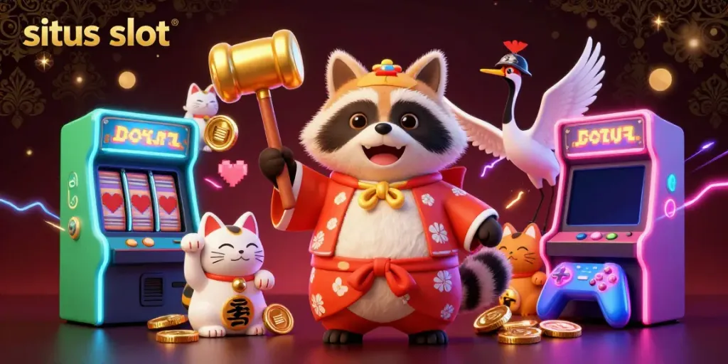 Menggali situs slot dengan ilustrasi 3D ceria tanuki, mesin slot berwarna, dan kucing maneki-neko yang menggemaskan.