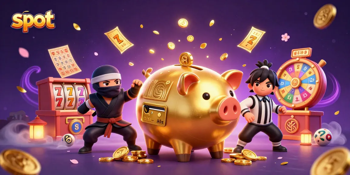Experience thrilling slot games with a golden piggy bank sumo wrestler and dynamic casino elements.