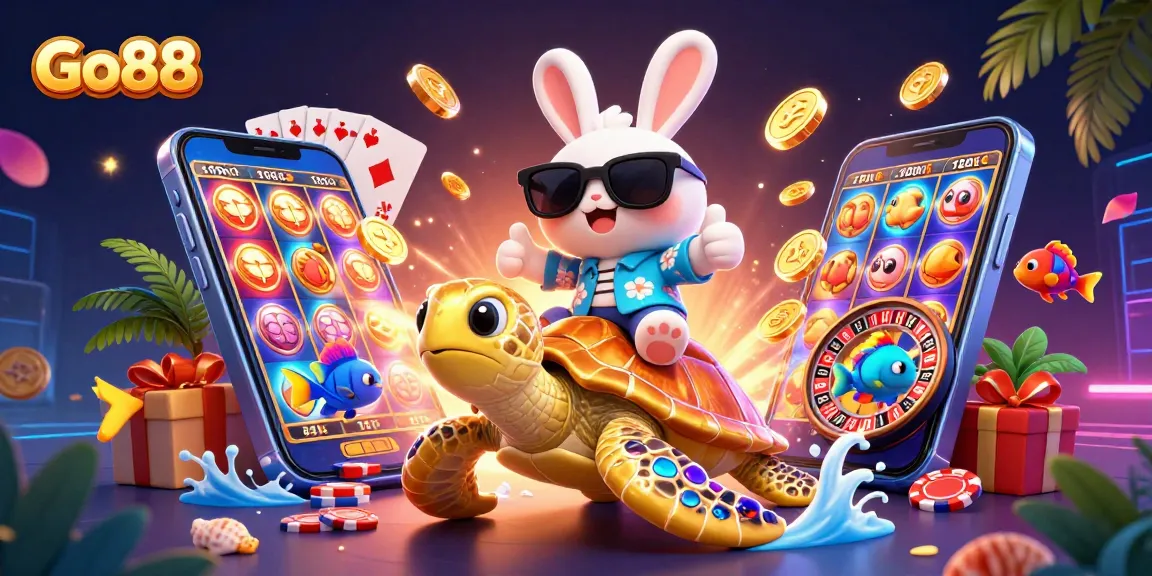 Engage in thrilling gameplay with Go88, featuring a lucky rabbit and golden turtle in a lively casino scene.