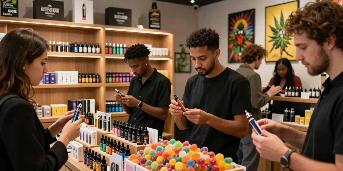 Engaged customers exploring thc vape europe products in a modern shop.