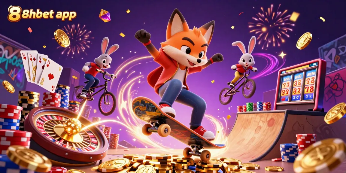 Experience thrill using the 8xbet app with animated characters and casino symbols highlighting excitement.
