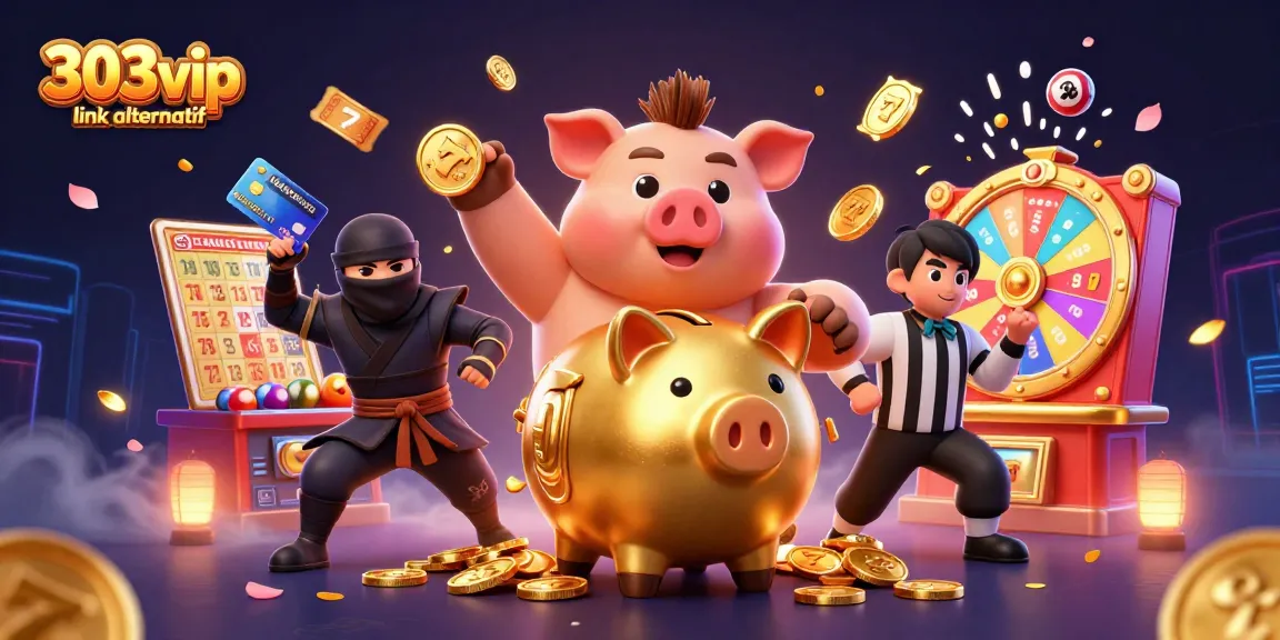 Experience thrilling gaming with 303vip link alternatif as a golden piggy bank sumo wrestles amidst vibrant casino elements.