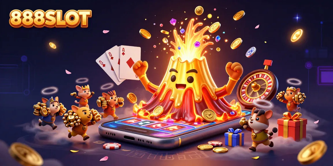 Experience thrilling wins at 888SLOT with vibrant games and treasures erupting from a golden volcano.