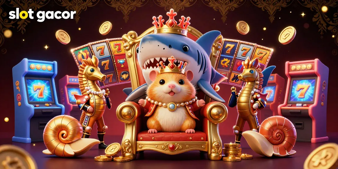 Slot gacor menampilkan raja hamster emas di atas takhta gigi ikan hiu, dikelilingi oleh elemen permainan kasino.