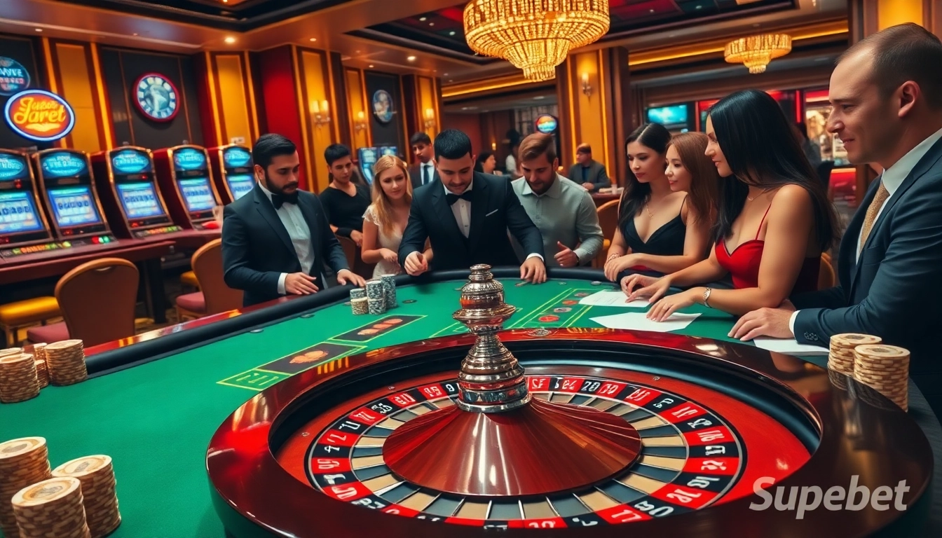 Players engaging in an exhilarating roulette game at Superbet's upscale casino environment with vibrant visuals.