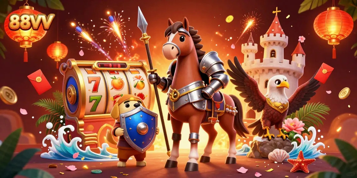 Experience thrilling slots with 88VV's vibrant gaming scene featuring knights and lucky symbols.