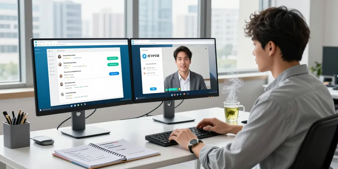 Professional workspace with Telegram interface, showcasing 纸飞机中文版 and tech gadgets, bright city view.